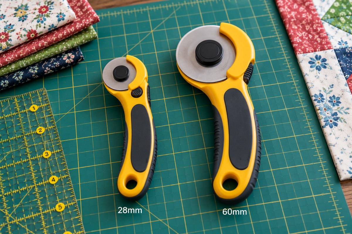 Close-up comparison of a 28mm and a 60mm rotary cutter blade size next to each other on a cutting mat.