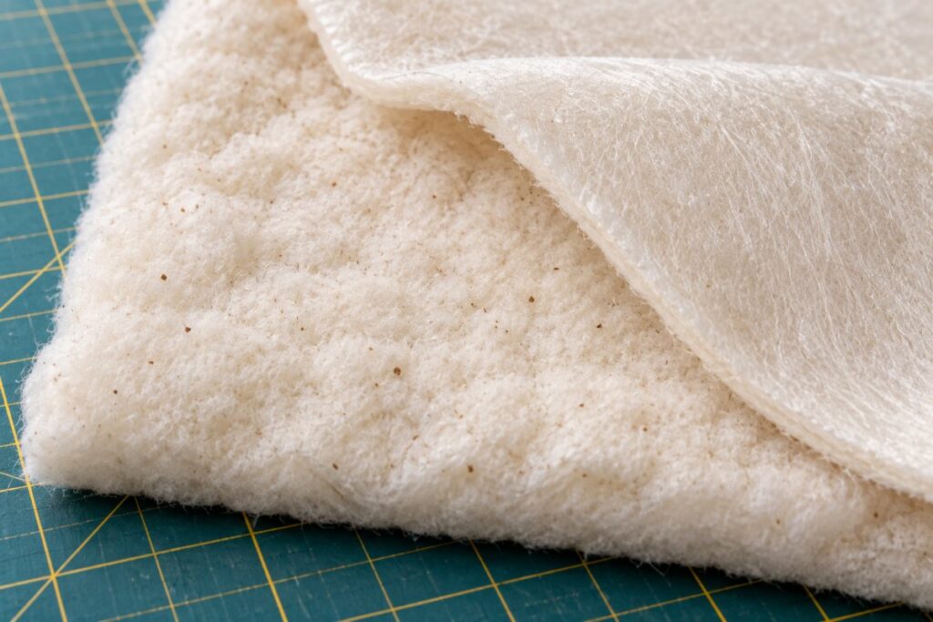Cotton quilt batting folded back to show the smooth scrim side and the fluffy cotton side