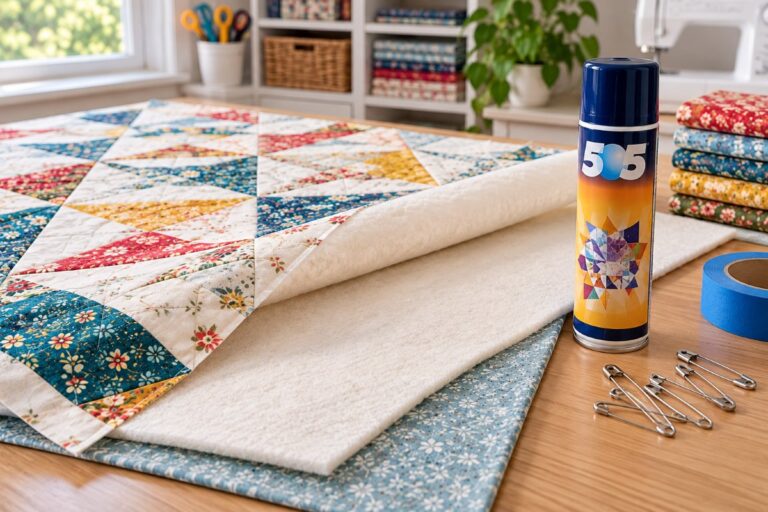 Best basting spray for quilting next to a quilt sandwich on a table