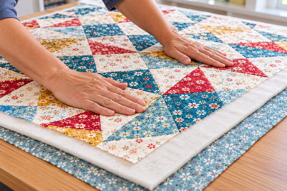 Smoothing a spray basted quilt top from the center out