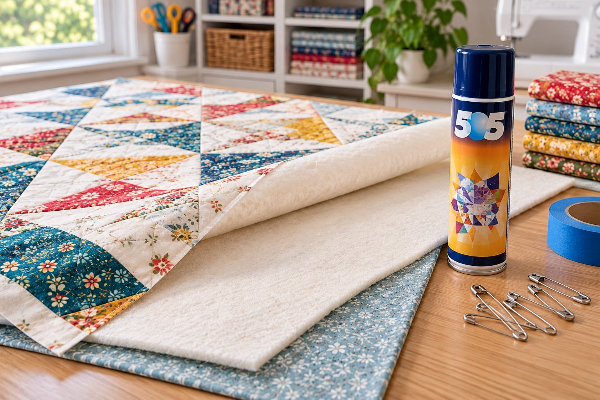 Best basting spray for quilting next to a quilt sandwich on a table