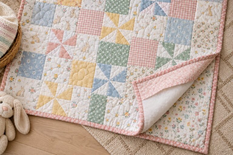 Finished baby quilt folded back at the corner showing the best batting for baby quilts underneath