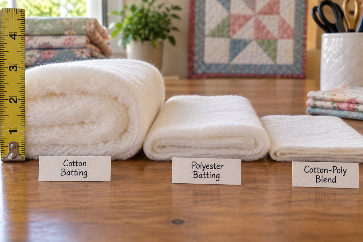 Comparing loft thickness of cotton, polyester, and cotton-poly blend batting to find the best batting for baby quilts