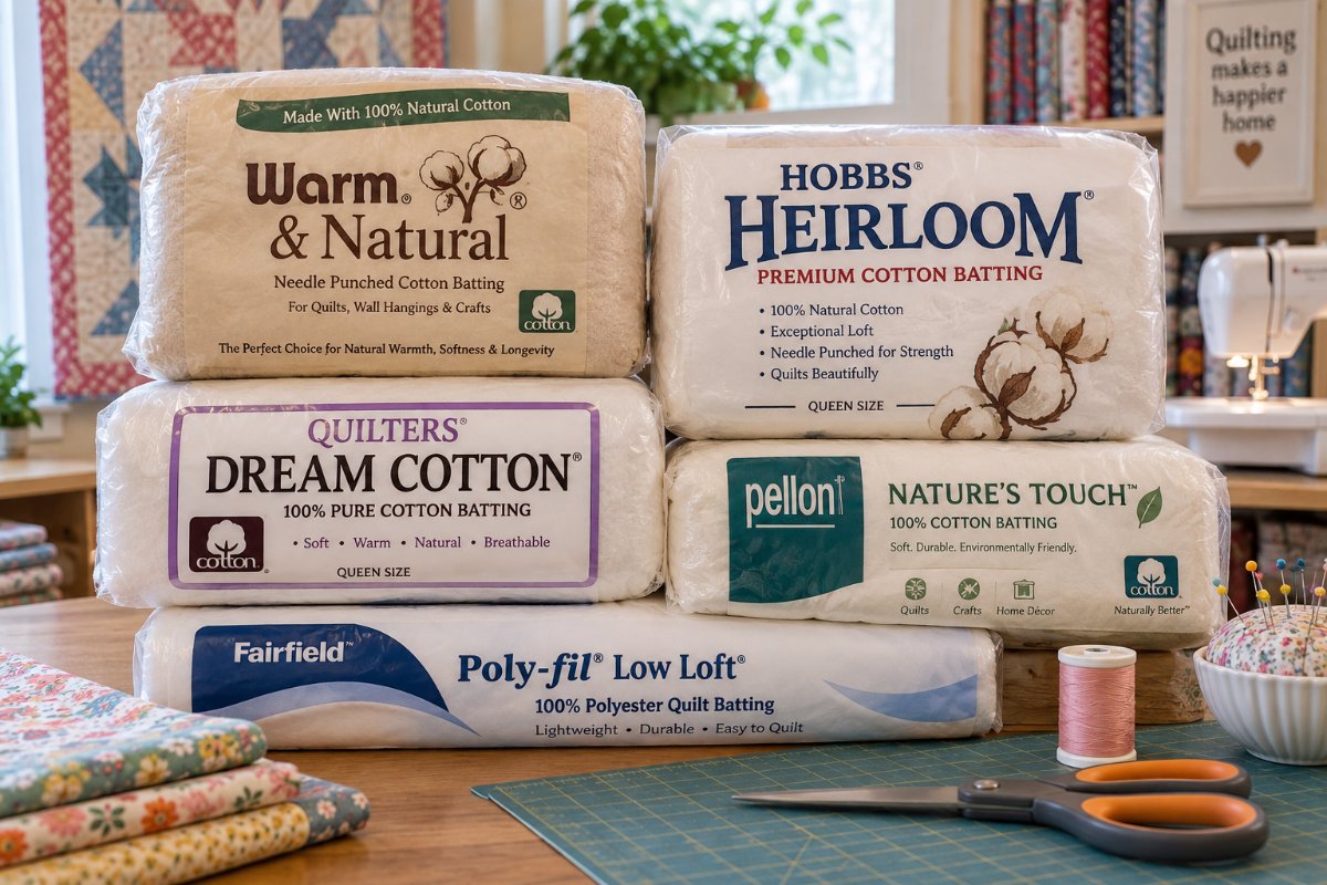 Five packages of batting brands stacked together while comparing the best batting for baby quilts