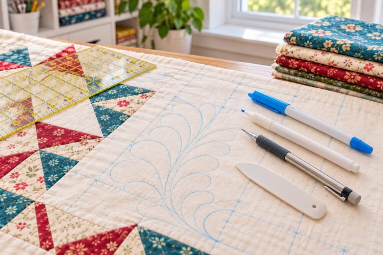 Best fabric marking pen for quilting with marked quilting lines on a quilt top