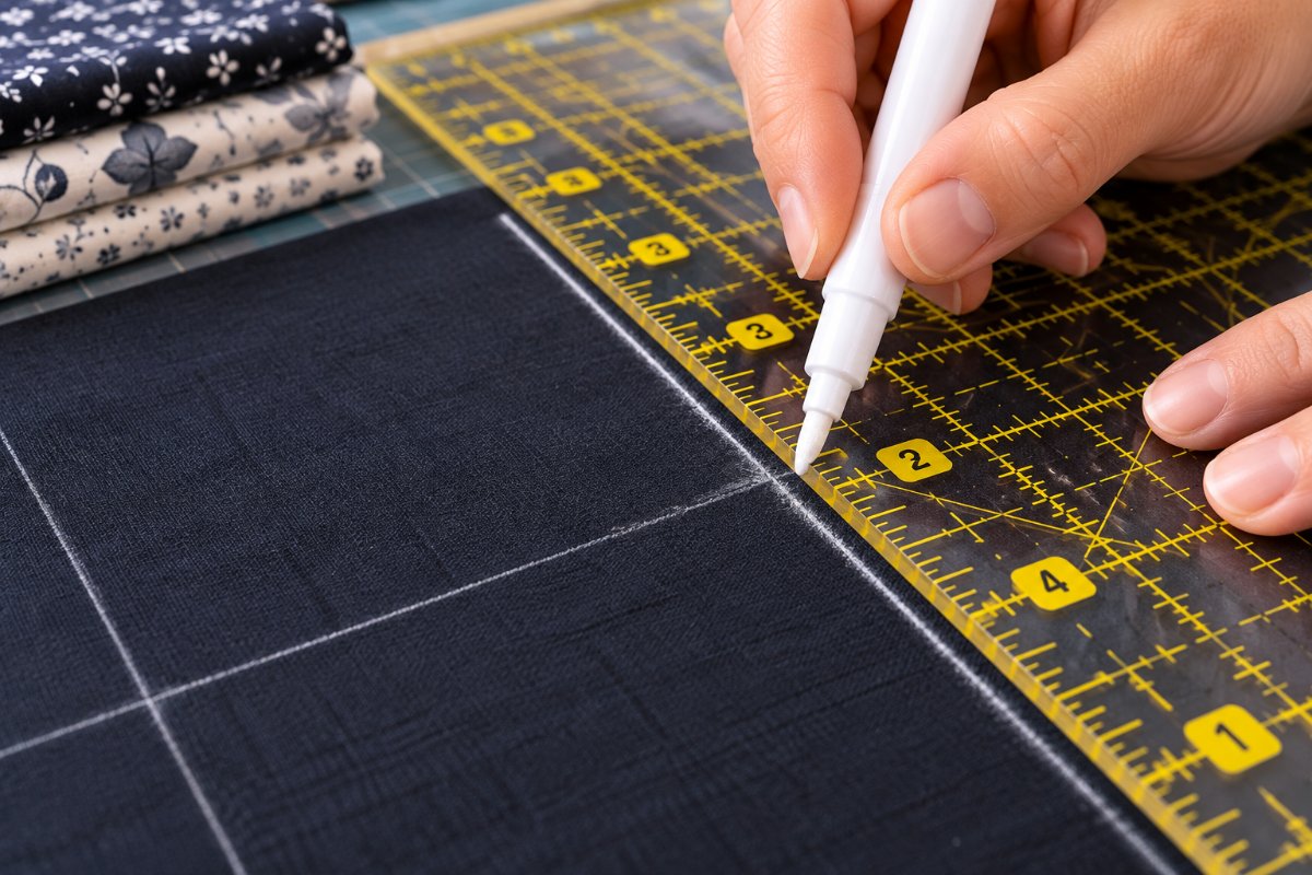 White chalk fabric marking pen for quilting drawing a line on dark fabric