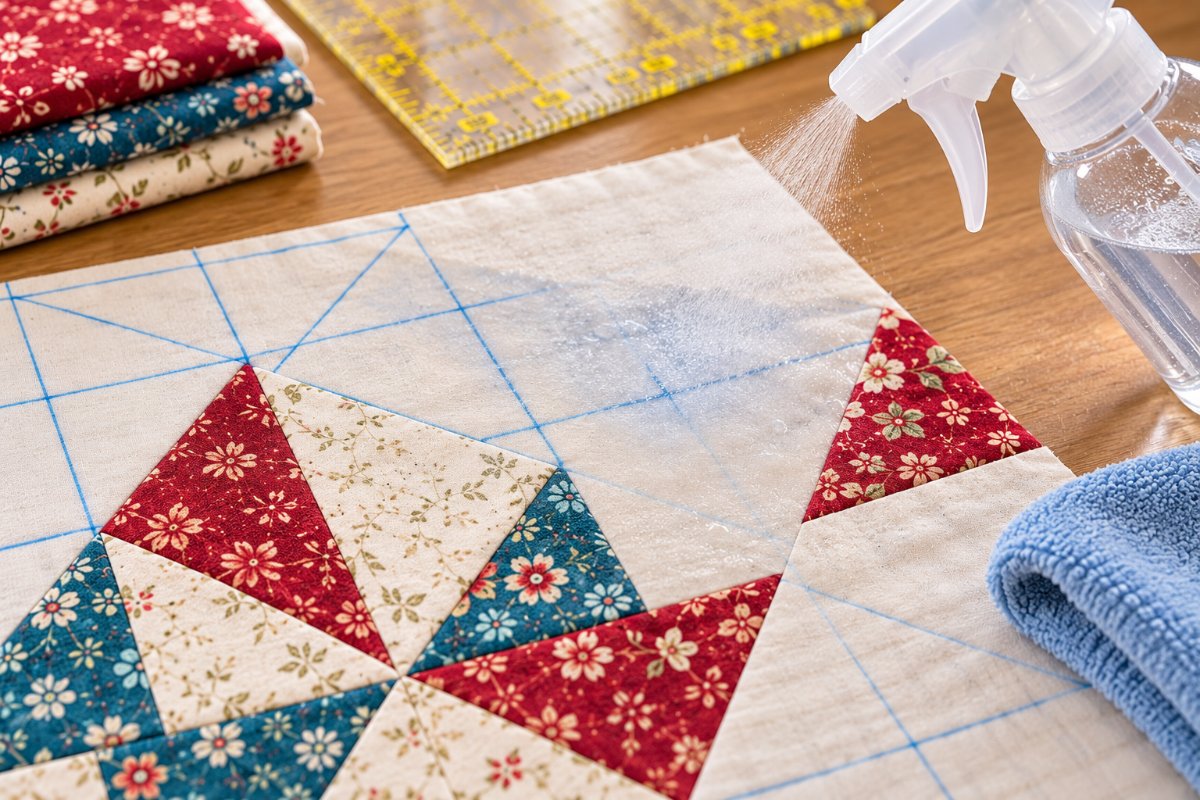Removing blue lines from the best fabric marking pen for quilting with a spray of water
