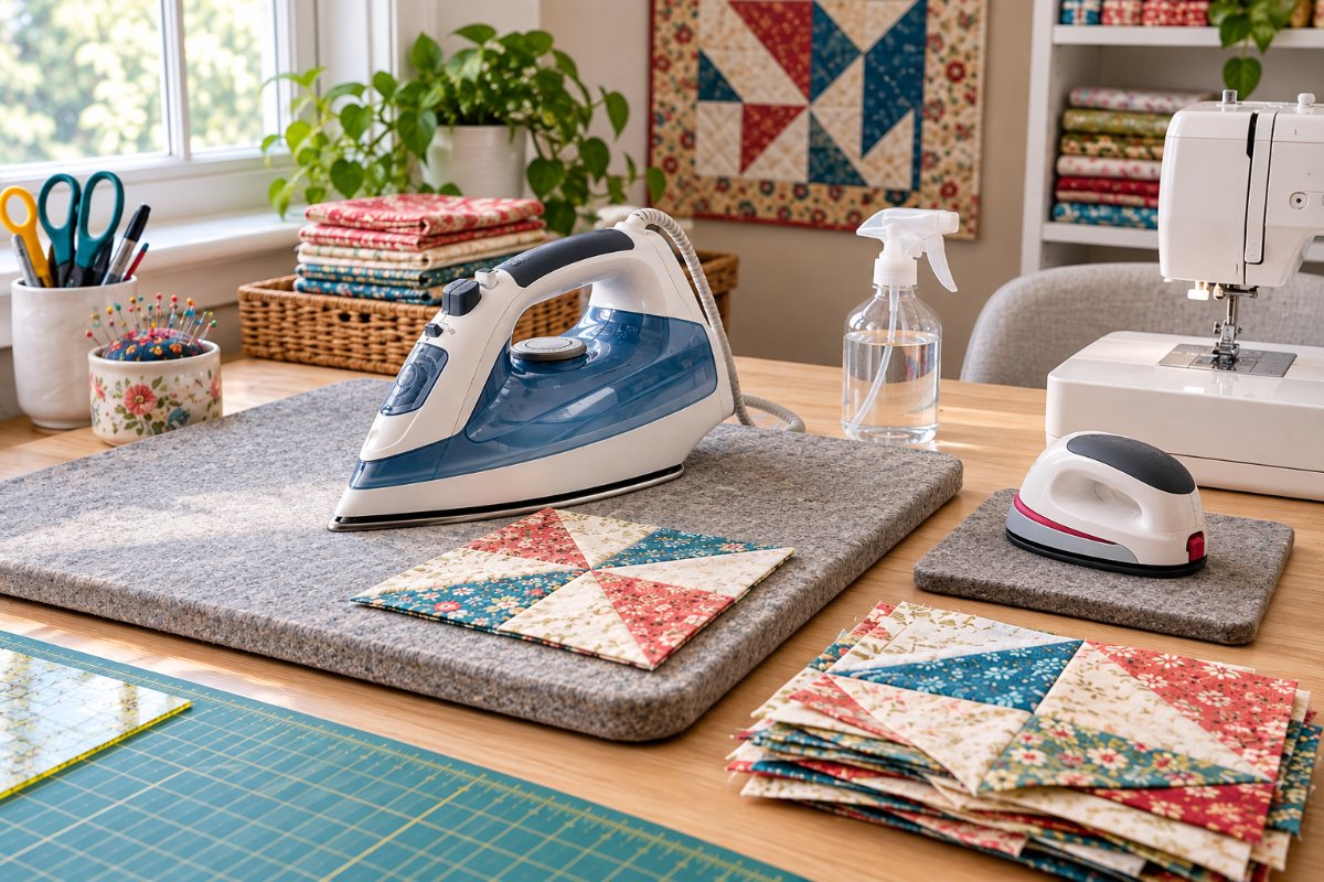 Pressing station with the best iron for quilting and a mini iron beside the sewing machine