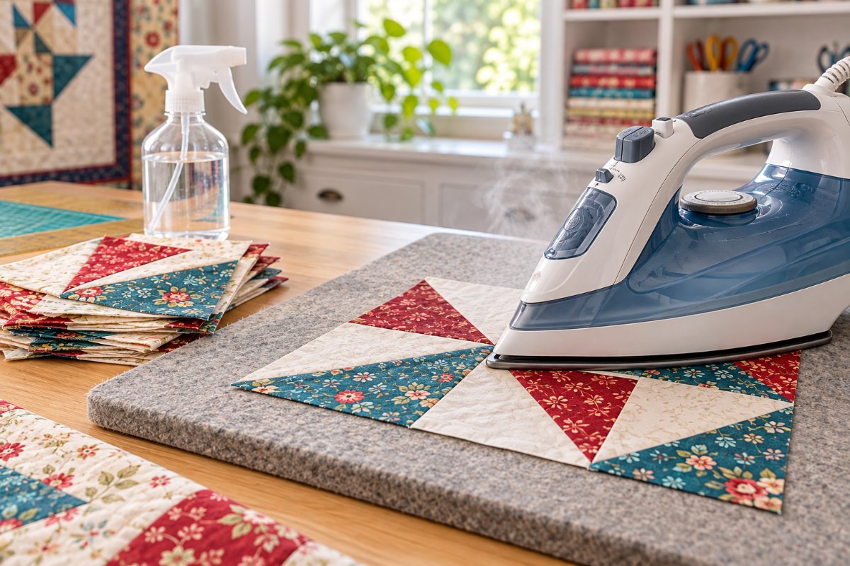 Best iron for quilting pressing a pieced quilt block on a wool pressing mat