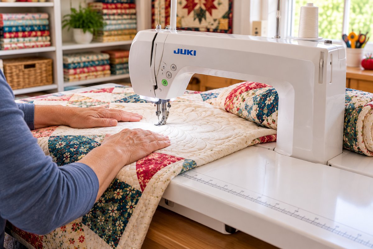Quilter guiding a quilt through the best large throat quilting machine