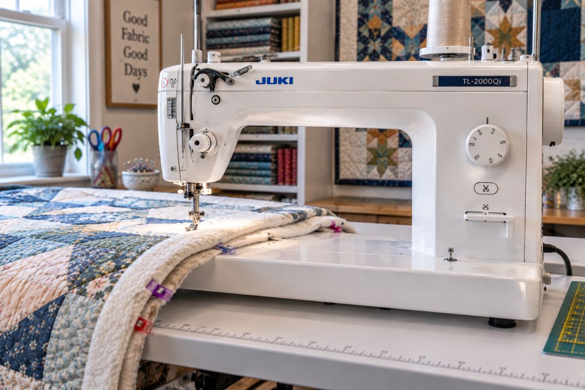 Best large throat quilting machine feeding a rolled quilt through the throat space