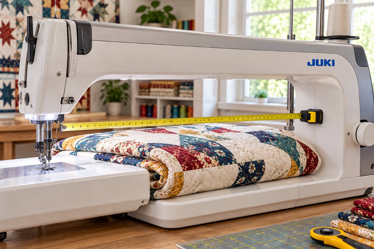 Folded quilt resting in the throat space of a large throat quilting machine