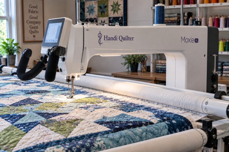 A longarm quilting machine mounted on its frame, the best longarm quilting machine setup for home quilters