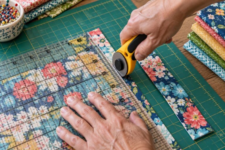 A quilter's hand guiding a 45mm rotary cutter along a ruler edge while cutting quilting cotton fabric, the best rotary cutter for quilting in use on a cutting mat.