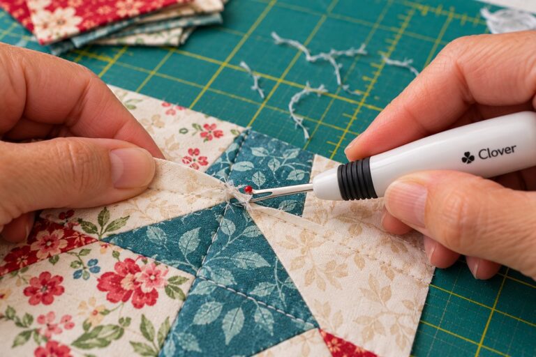 best seam ripper for quilting, Clover Ergonomic Seam Ripper on a pieced quilt block