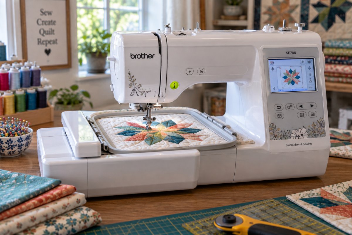 Best sewing machine for quilting and embroidery stitching a colorful quilt block design