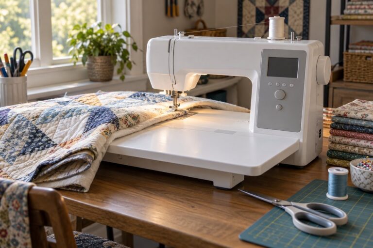 A sewing machine set up with a wide extension table for quilting, the best sewing machine for quilting beginner setup