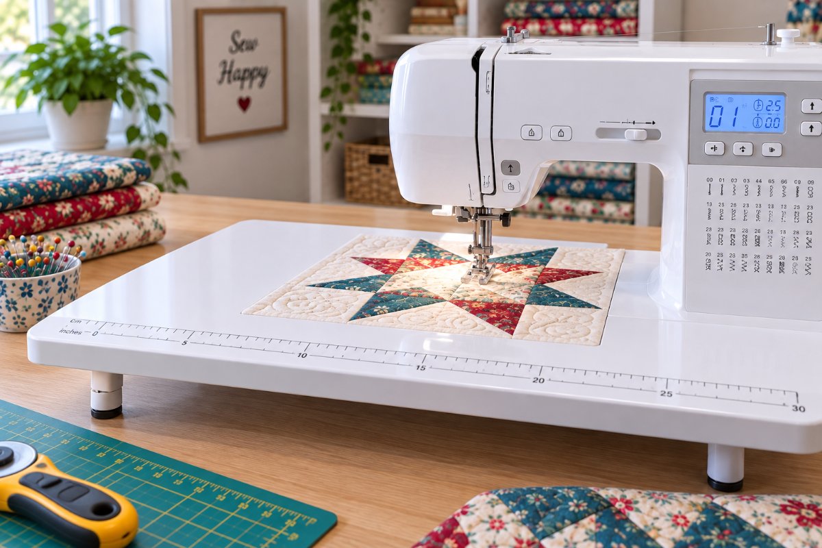 Brother CS7000X wide table used for beginner free motion quilting