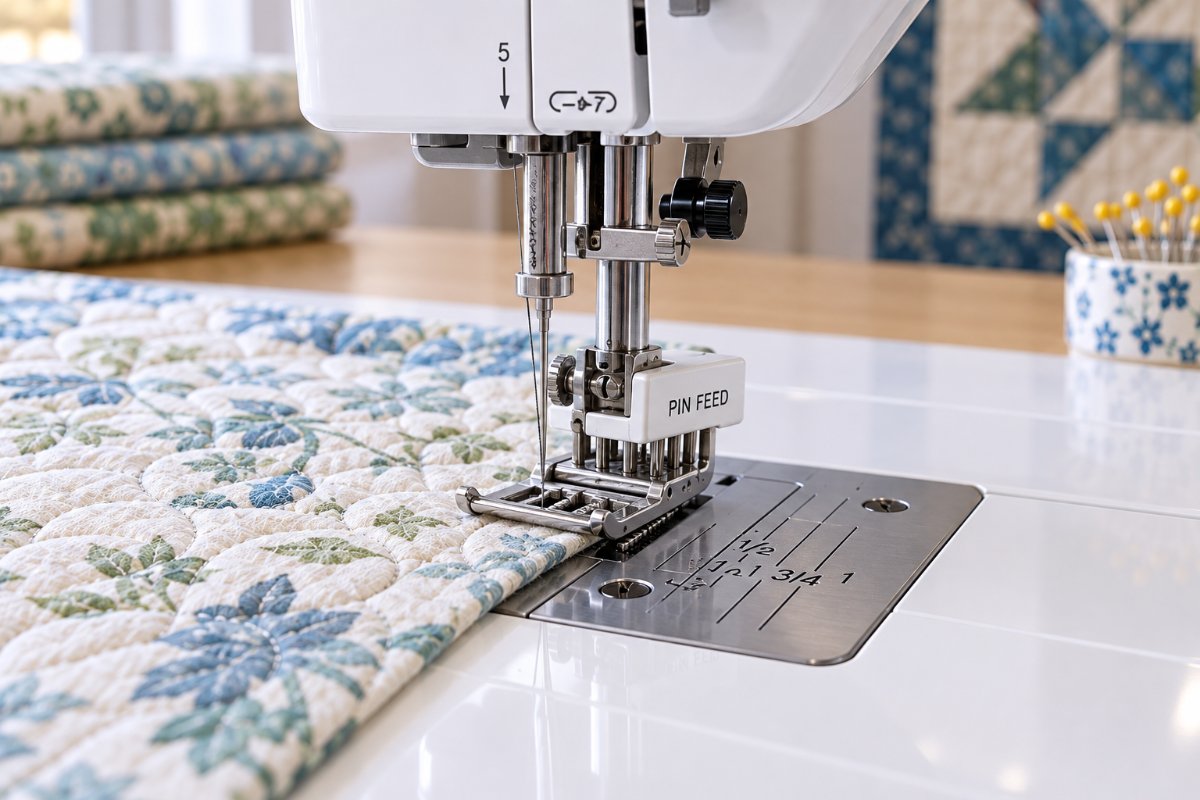 Brother PQ1600S pin feed mechanism for delicate fabric quilting