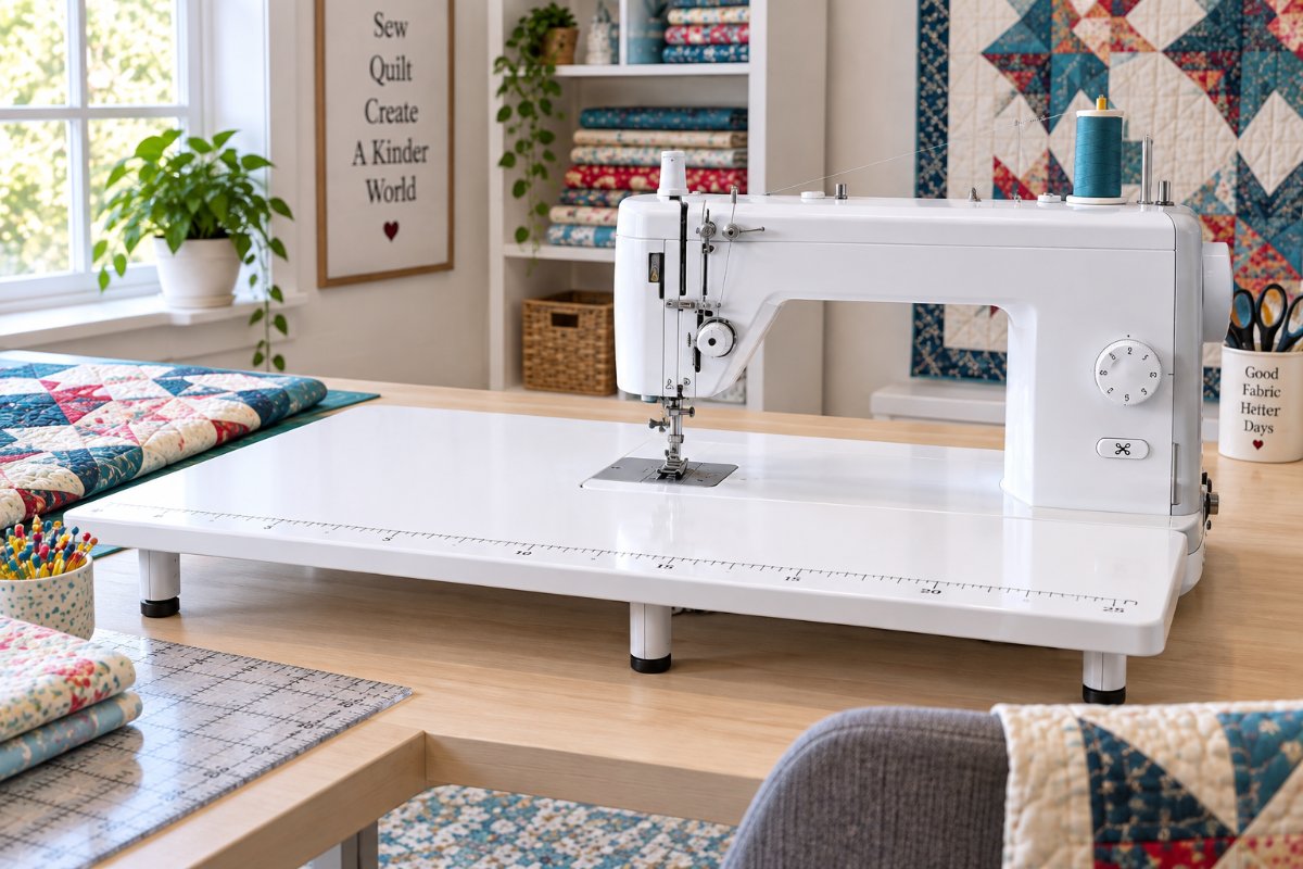 Brother PQ1600S review of a straight stitch quilting machine on an extended work table