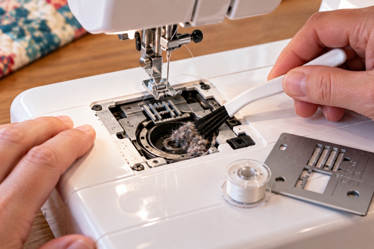 hands brushing lint out of the bobbin area of a sewing machine with the needle plate removed