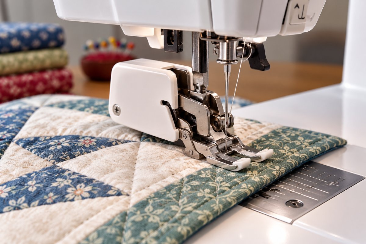 Close-up of a walking foot attachment feeding quilt layers evenly through a sewing machine