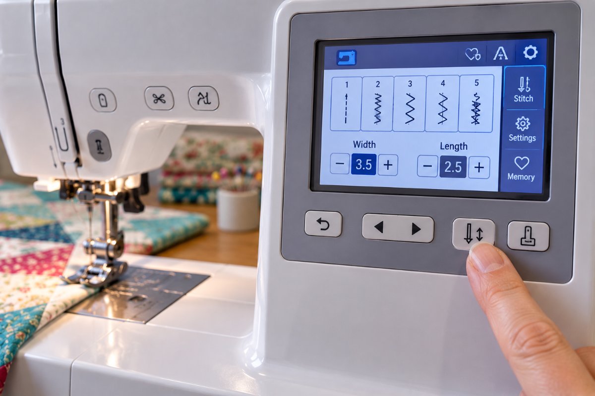computerized sewing machine LCD touchscreen showing stitch width and length settings