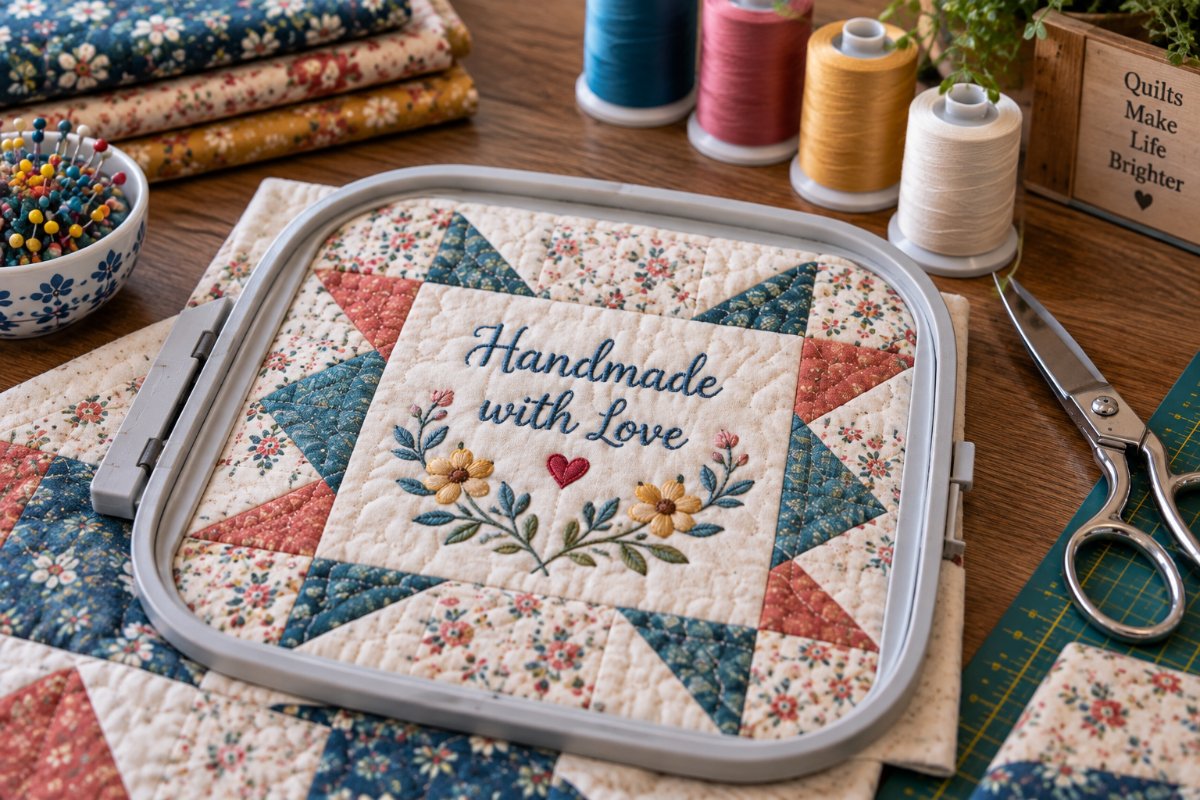 Handmade with love embroidered quilt label stitched with a quilting and embroidery machine