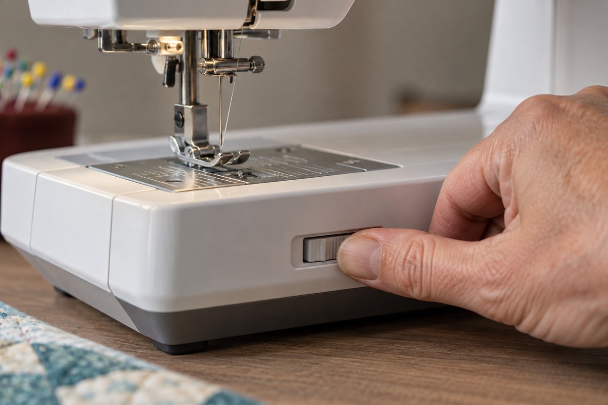 Close-up of a sewing machine's feed dog drop control used for free-motion quilting