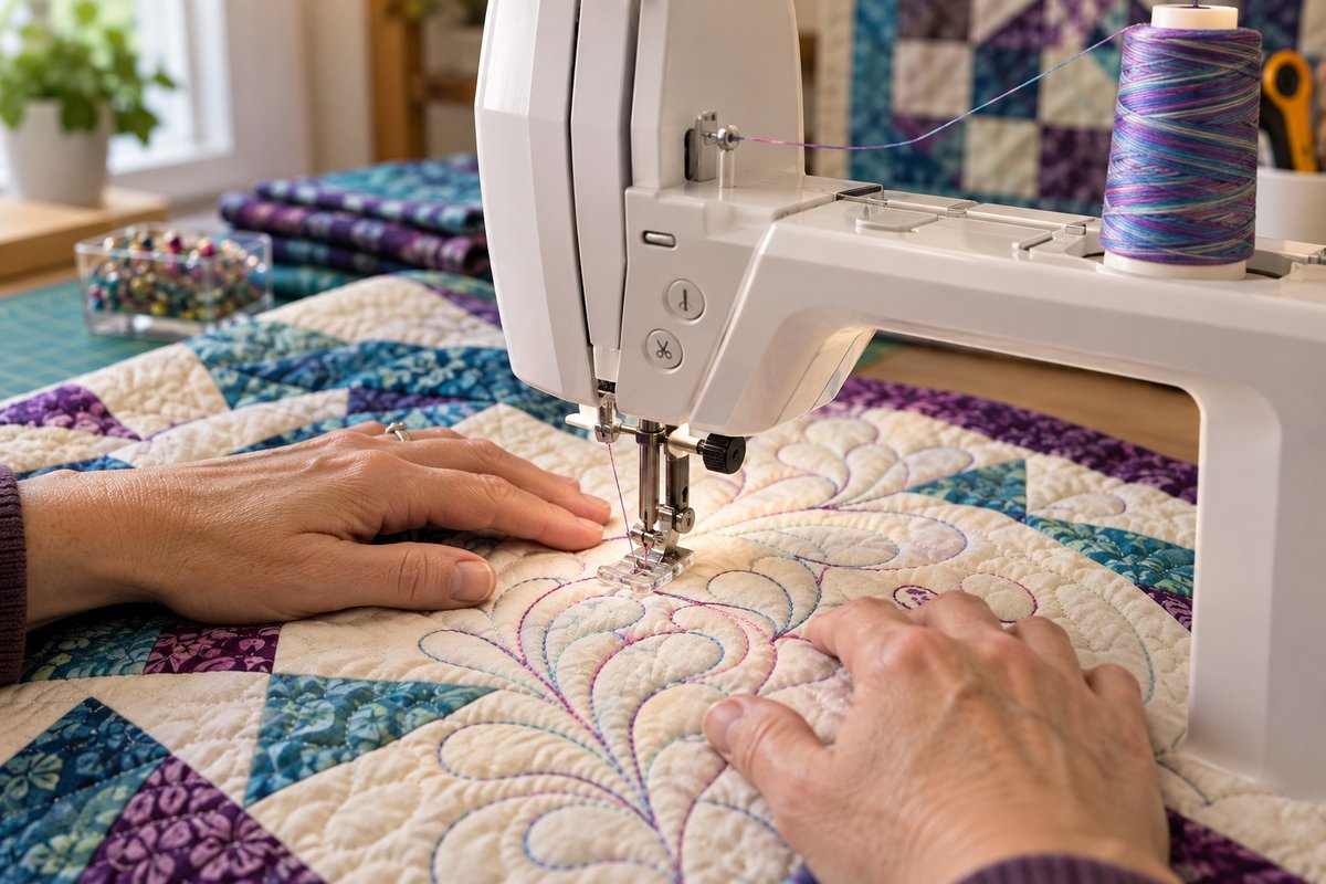 Free-motion quilting with variegated thread on a longarm-style sewing machine