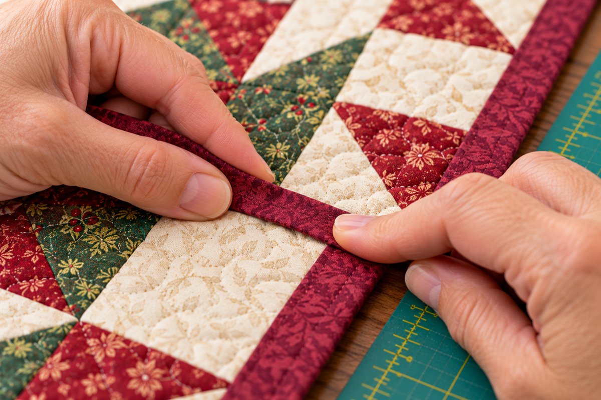 finger pressing a glue basted quilt binding fold in place
