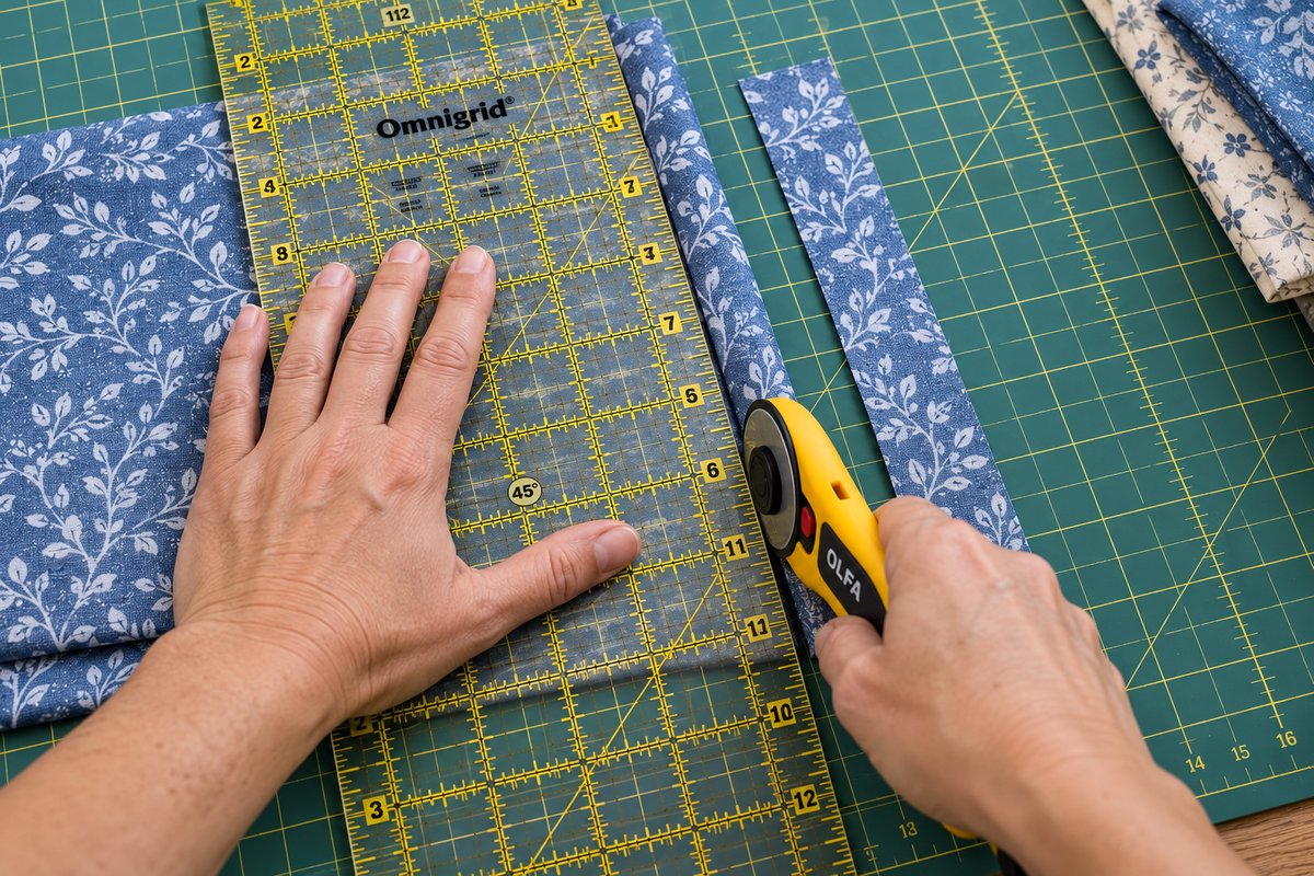 hands pressing a quilting ruler flat while cutting a fabric strip with a rotary cutter