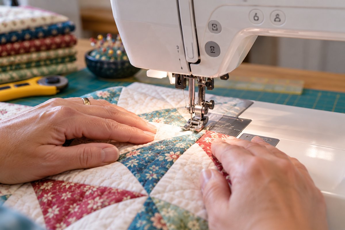 hands guiding a pieced quilt top under the presser foot while machine quilting