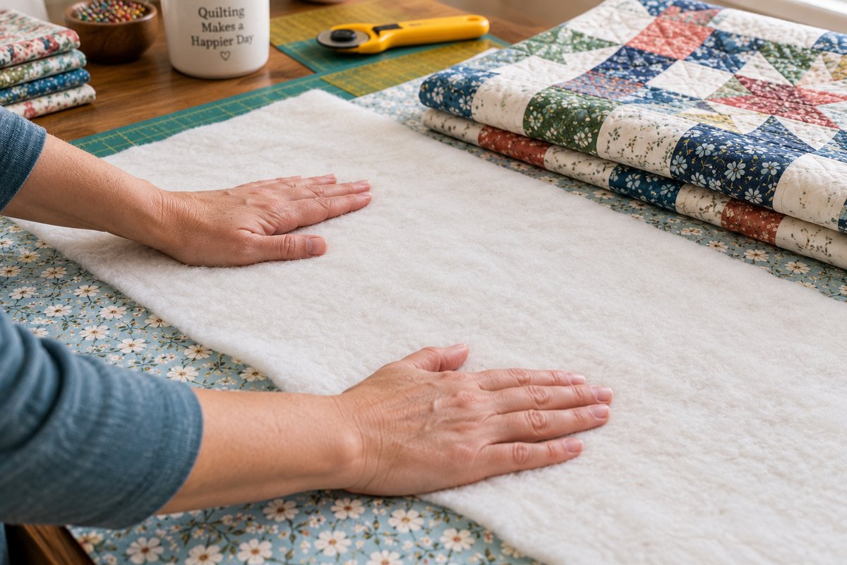 hands smoothing a layer of batting over quilt backing fabric before assembling the quilt