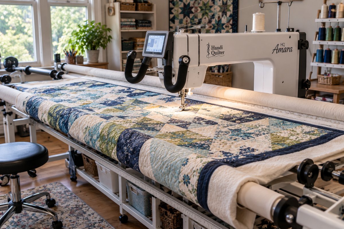 The wide harp space between the needle and frame arm on a longarm quilting machine