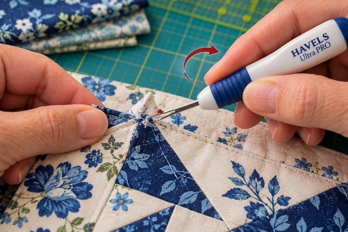 Havel's Ultra Pro seam ripper twist to cut motion on a fussy cut quilt block