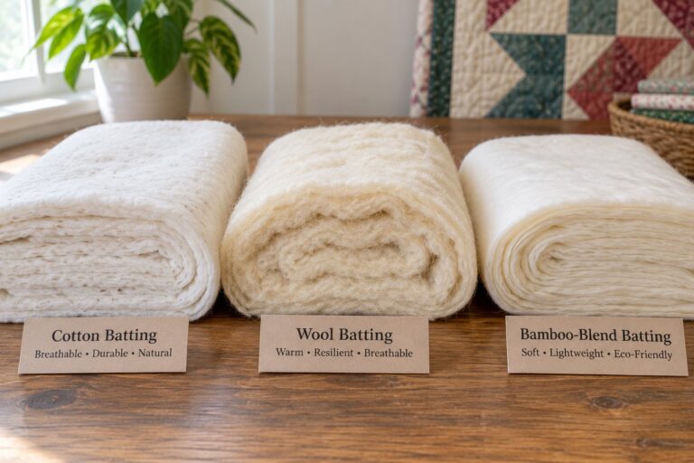 types of quilt batting compared side by side: cotton, wool, and bamboo-blend