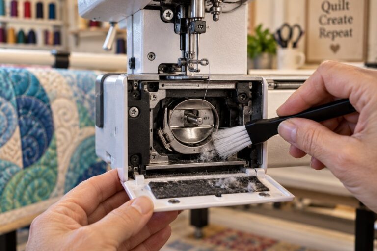 Brushing lint out of the bobbin area, the first step in how to clean longarm quilting machine parts