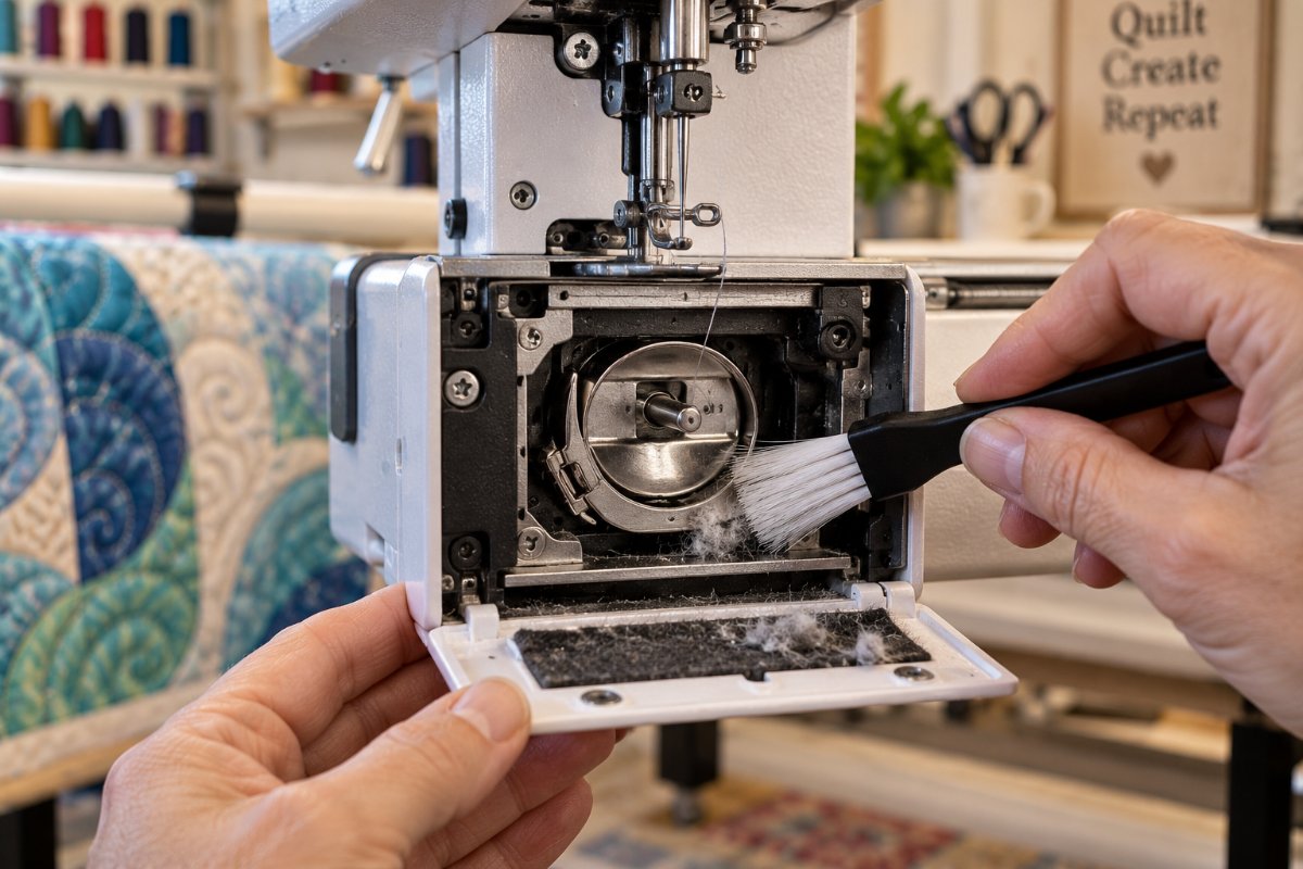 Brushing lint out of the bobbin area, the first step in how to clean longarm quilting machine parts