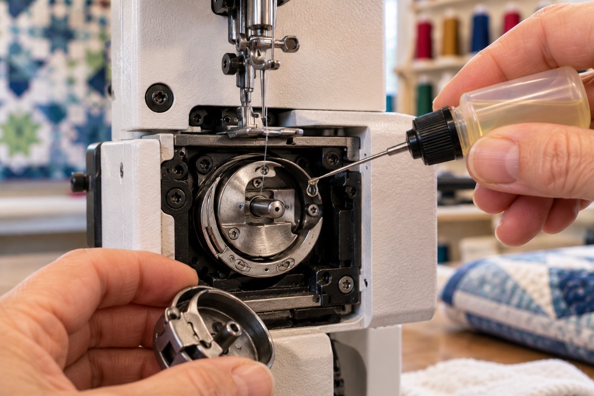Applying a single drop of oil to the bobbin race, the oiling step in how to clean longarm quilting machine maintenance