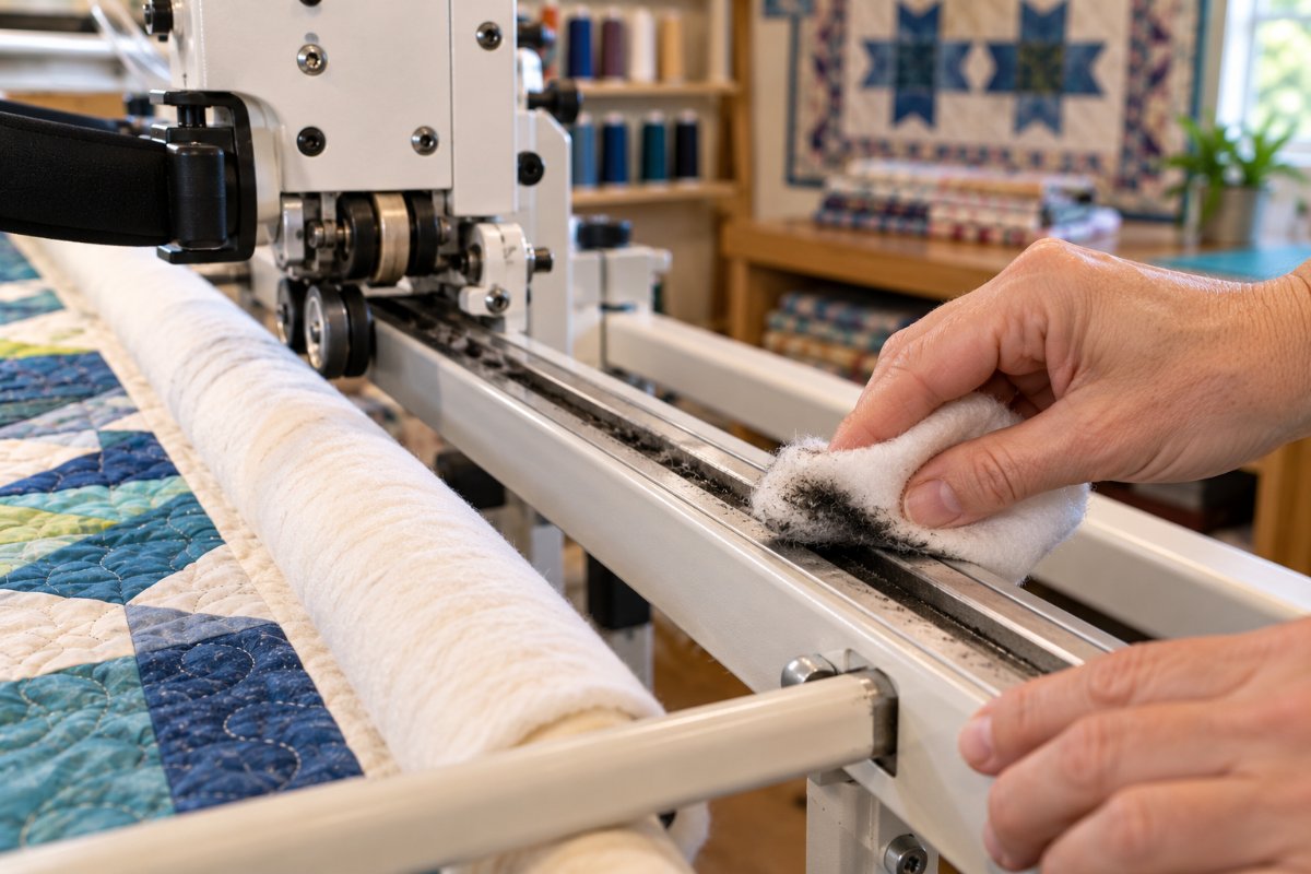 Wiping compressed lint off a longarm track with a scrap of batting, part of how to clean longarm quilting machine tracks and wheels