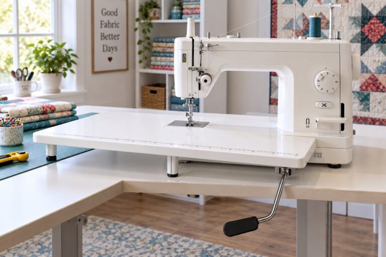 Juki TL-2000Qi review of a straight stitch quilting machine on a sewing table