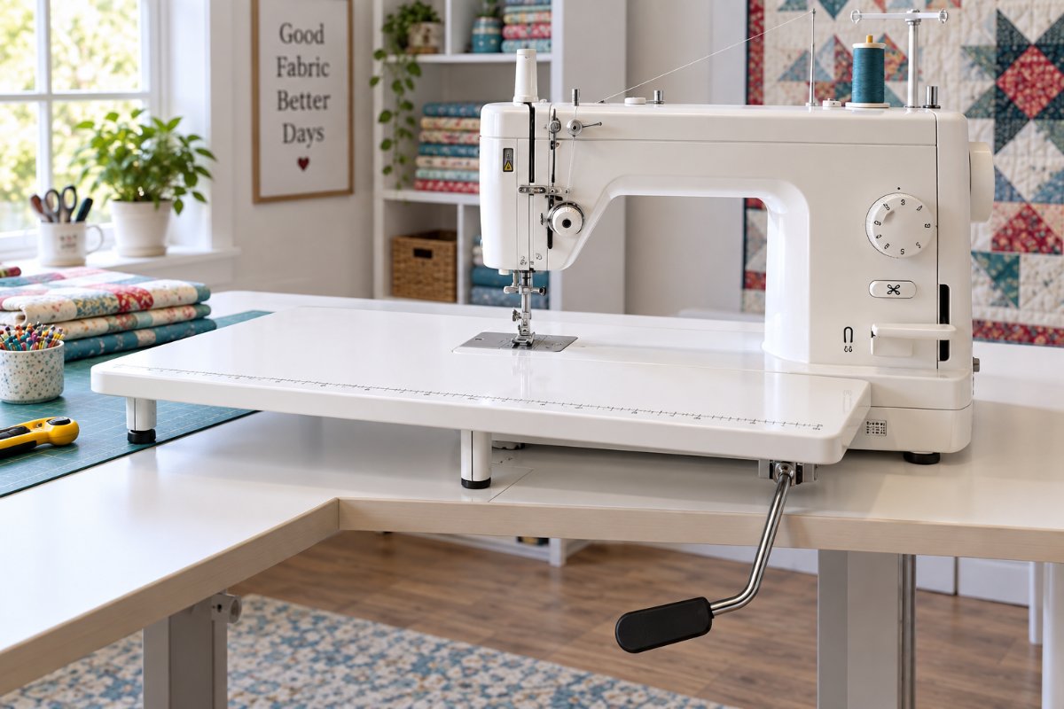 Juki TL-2000Qi review of a straight stitch quilting machine on a sewing table
