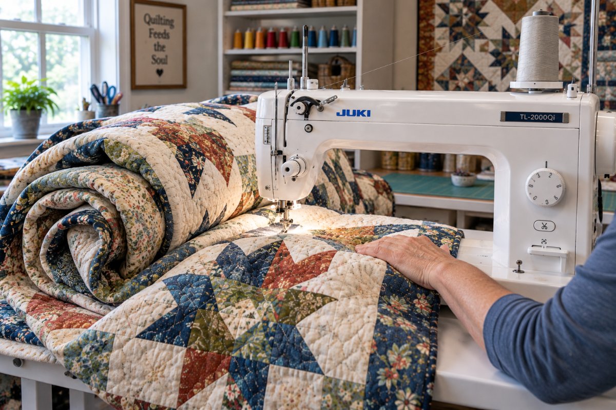 Best large throat quilting machine stitching a rolled quilt on a Juki TL-2000Qi