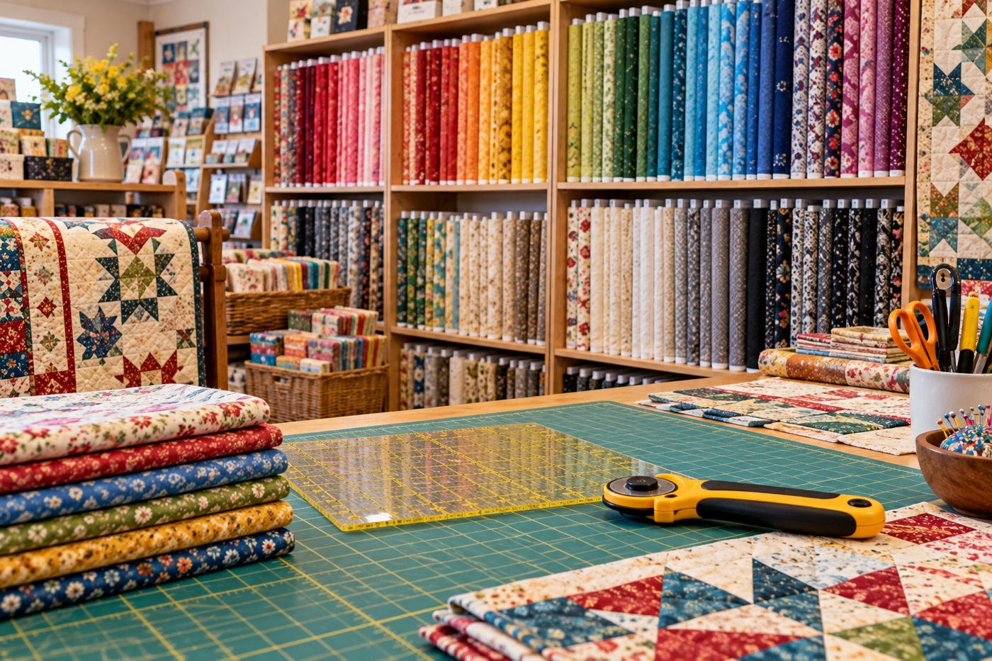 Independent quilt shop with fabric bolts sorted by color and a cutting table with a rotary cutter and ruler