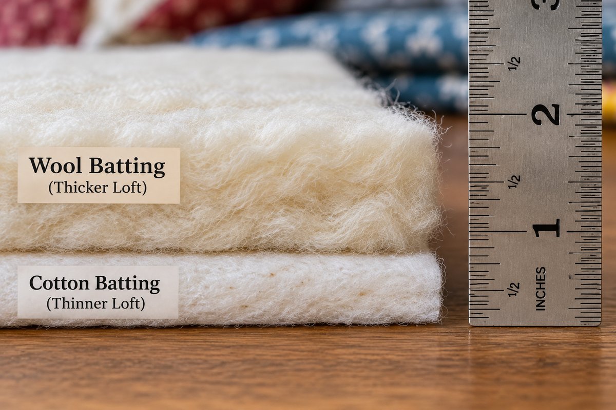 loft comparison between wool and cotton batting types measured with a ruler