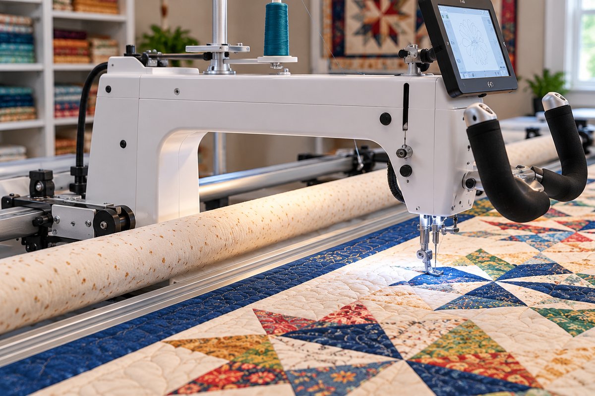 Close-up of a longarm quilting machine head showing the open throat space
