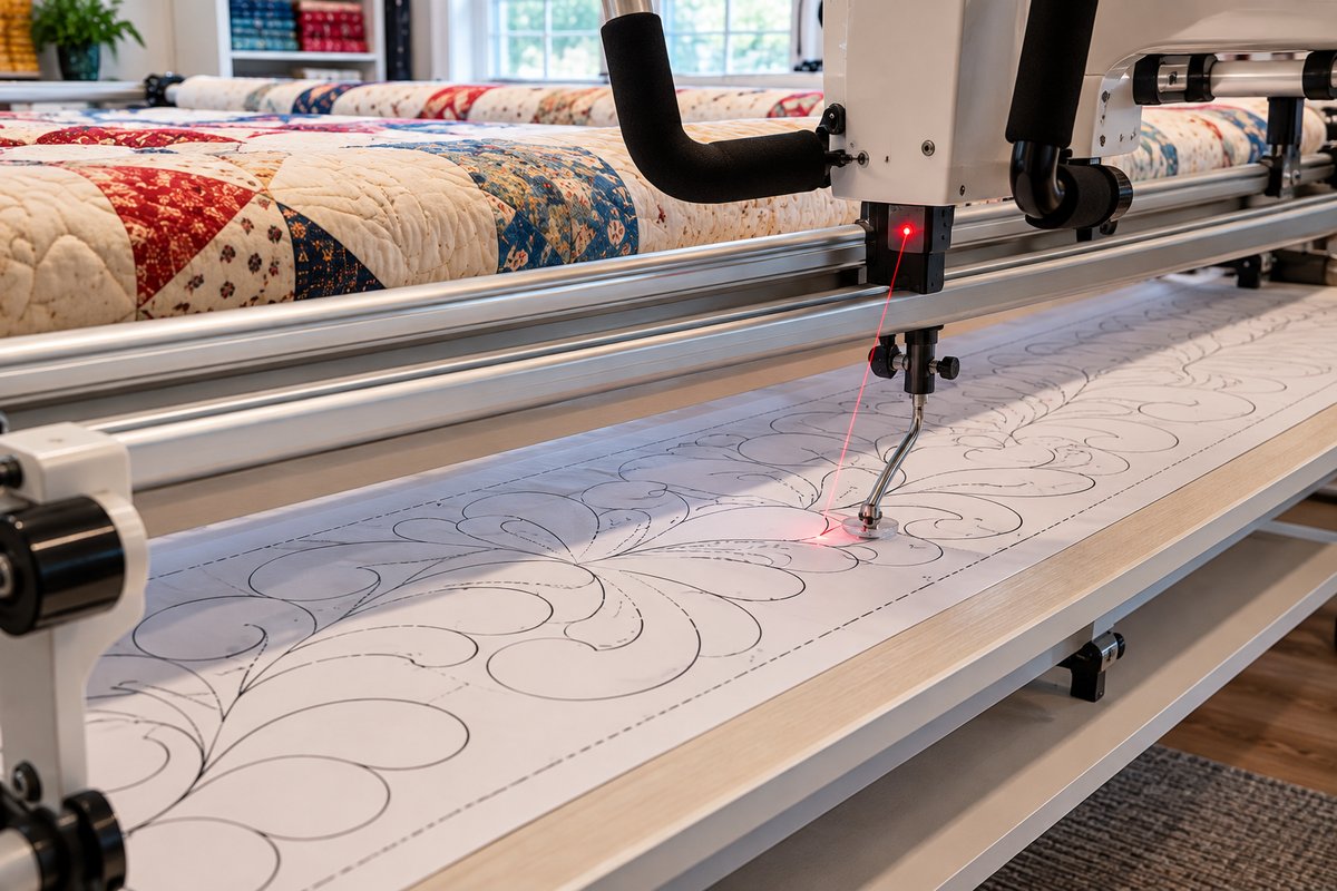 Quilter tracing a pantograph pattern with a laser pointer on a longarm frame