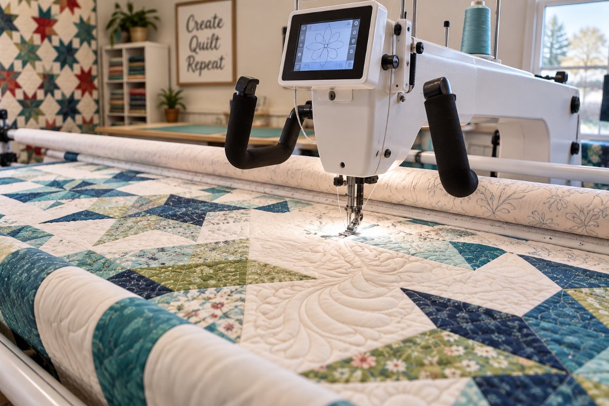 Longarm quilting machine stitching a feathered design on a pieced quilt top
