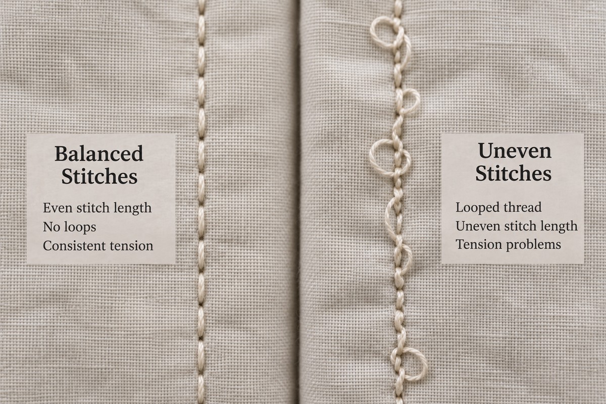 comparison of balanced versus uneven machine quilting tension on the same fabric